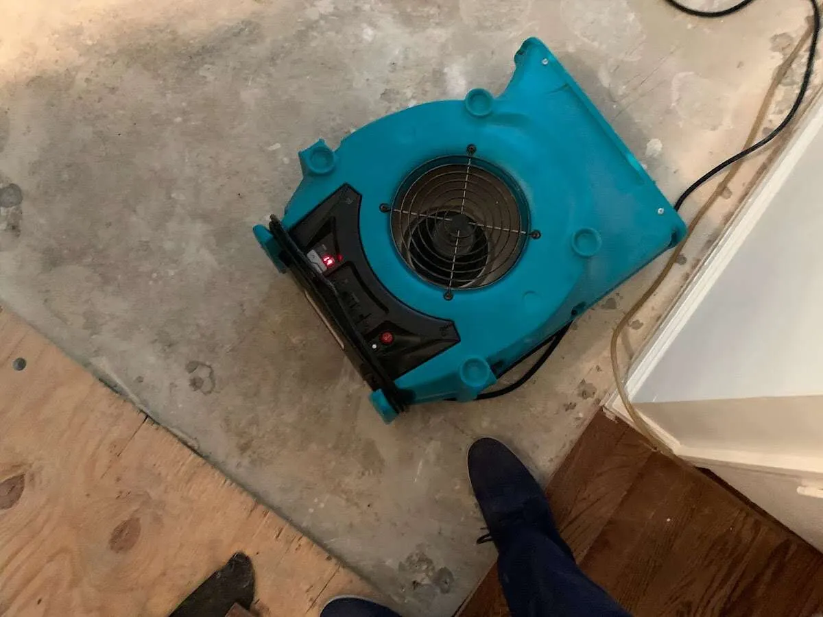 Air mover drying subfloor during Commercial Water Damage Restoration in Pinson